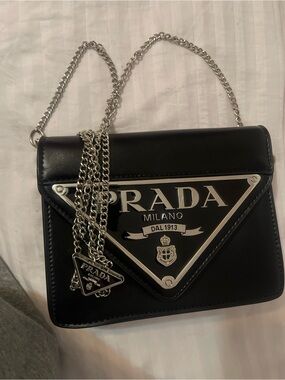 Prada Black Leather Triangle Logo Chain Crossbody